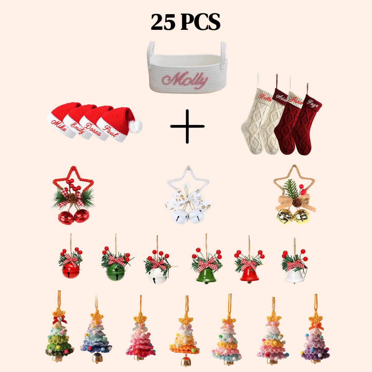 25 PCS Christmas Gifts Set Basket + Hats + Stockings + Bells + Trees for Xmas Party Decoration