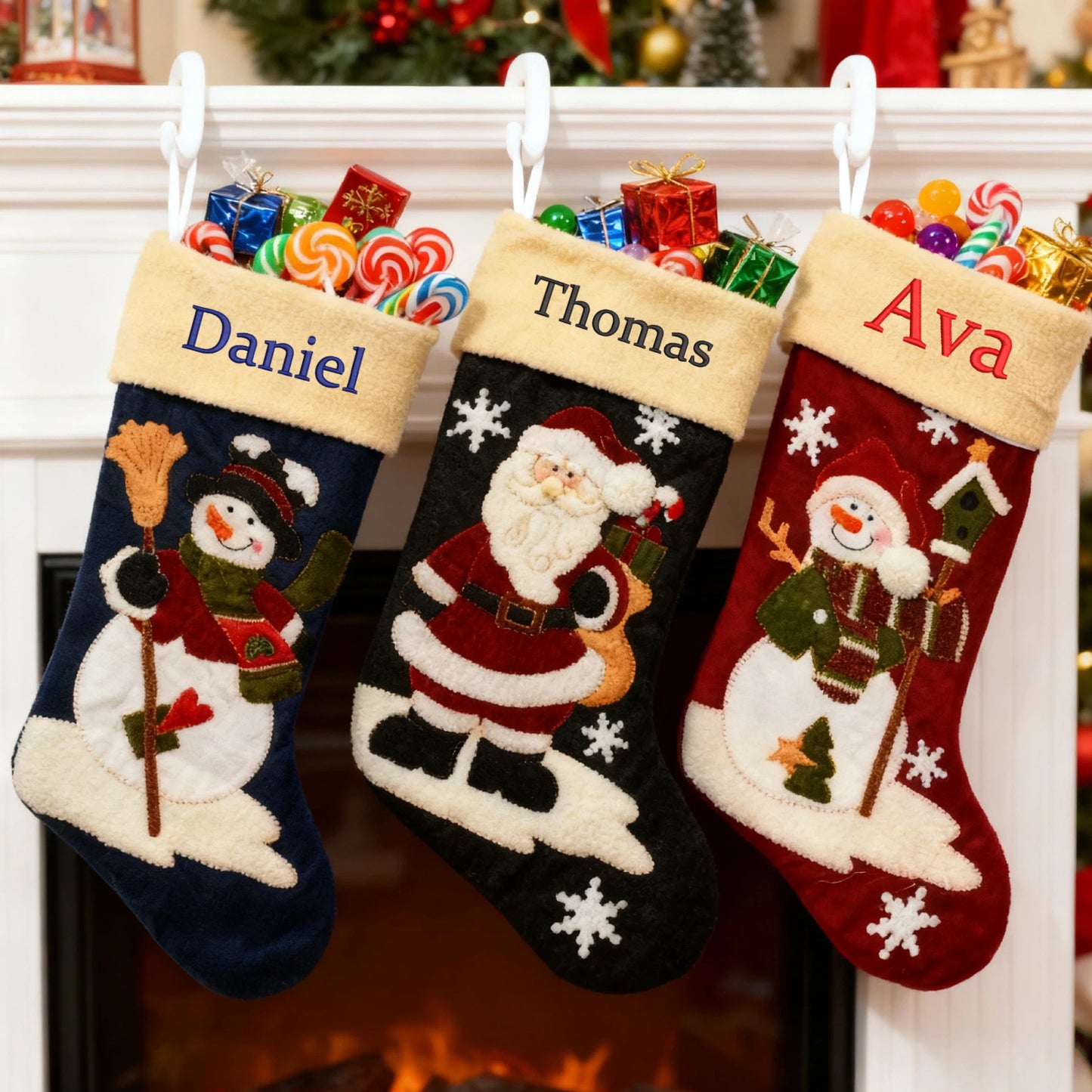 Customized Christmas Stocking with Embroidered Name Personalized Xmas Stockings Large Fireplace Stockings for Holiday Christmas Party Decorations Santa Claus Snowman 4 Styles 18''