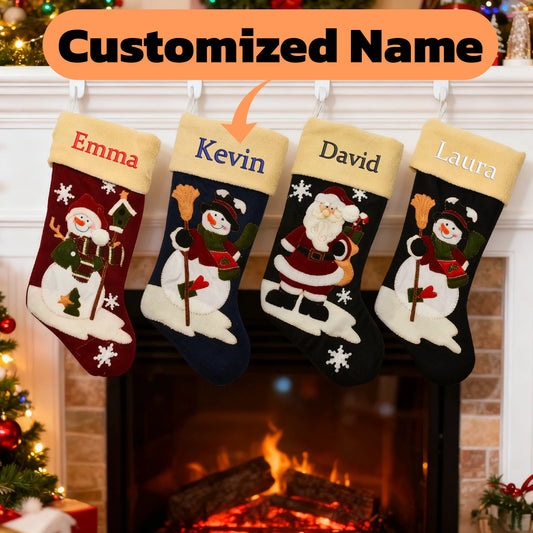 Customized Christmas Stocking with Embroidered Name Personalized Xmas Stockings Large Fireplace Stockings for Holiday Christmas Party Decorations Santa Claus Snowman 4 Styles 18''