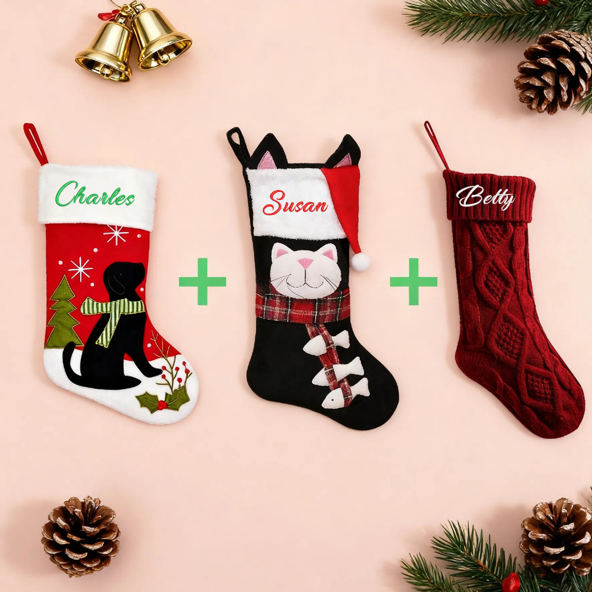 3 PCS Personalized Christmas Stocking Set with Embroidered Name Custom Xmas Decor