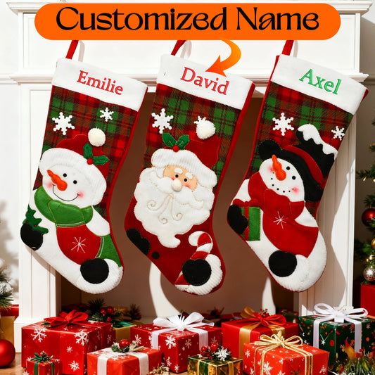 Personalized Christmas Stocking Custom Embroidered Name Xmas Stocking Large Hanging Family Stocking for Fireplace Christmas Decorations Santa Claus Snowman 3 Styles 18 Inches