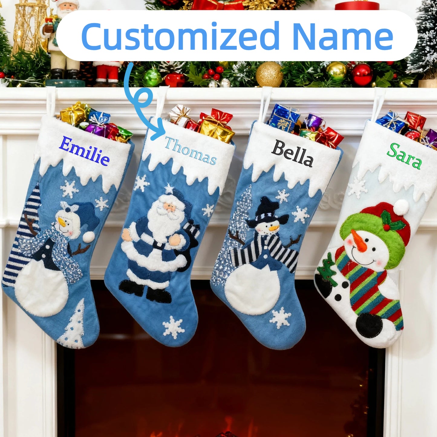 Customized Christmas Stockings with Embroidered Name Personalized Family Xmas Stocking Hanging Fireplace Stockings Santa Claus Snowman Styles for Home Decorations 18 Inches