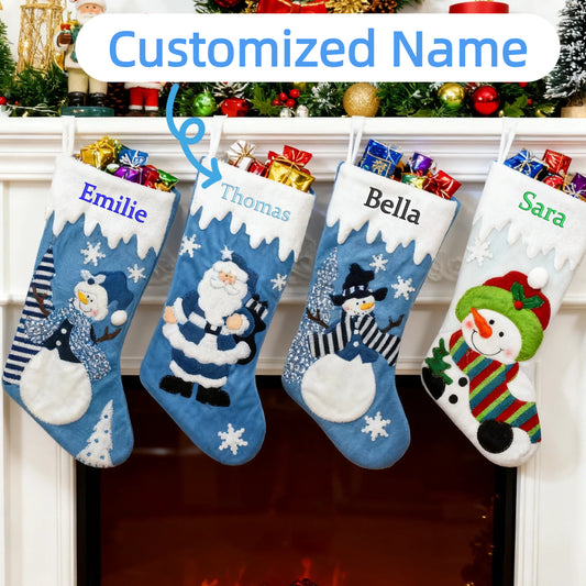 Customized Christmas Stockings with Embroidered Name Personalized Family Xmas Stocking Hanging Fireplace Stockings Santa Claus Snowman Styles for Home Decorations 18 Inches