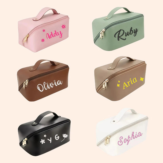 Personalized Leather Makeup Bag with Embroidered Custom Cosmetic Bag Pink