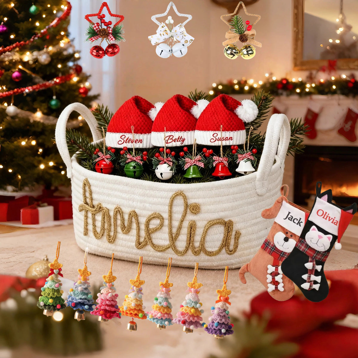 22 PCS Personalized Christmas Gifts Set with Name Basket Hats Stockings Bells Trees