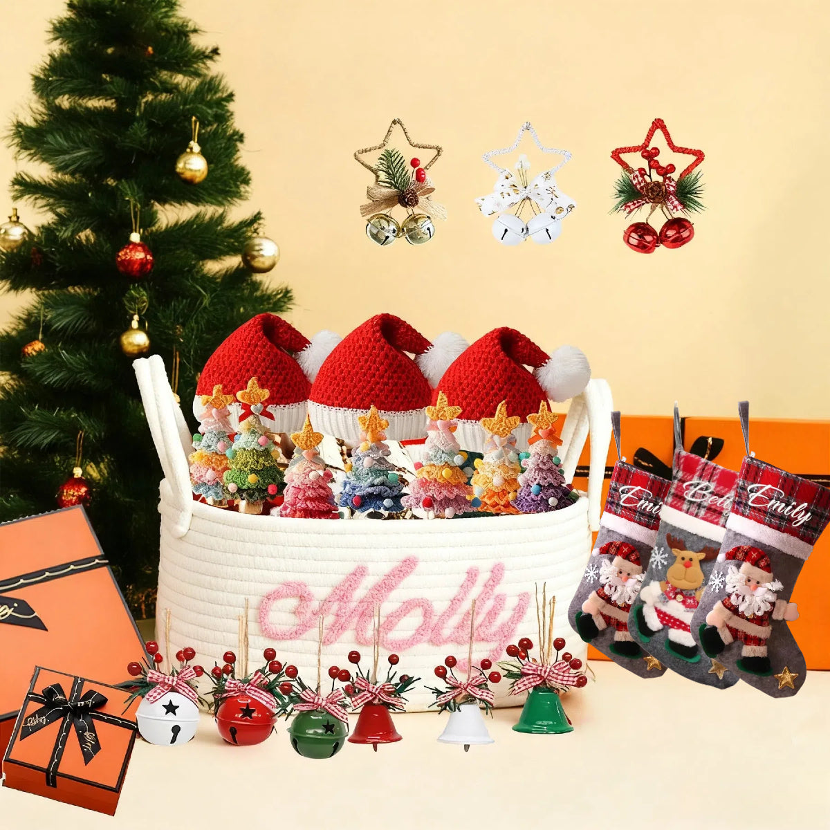 23 PCS Christmas Gifts Set Basket + Hats + Stockings + Bells + Trees for Party Decoration
