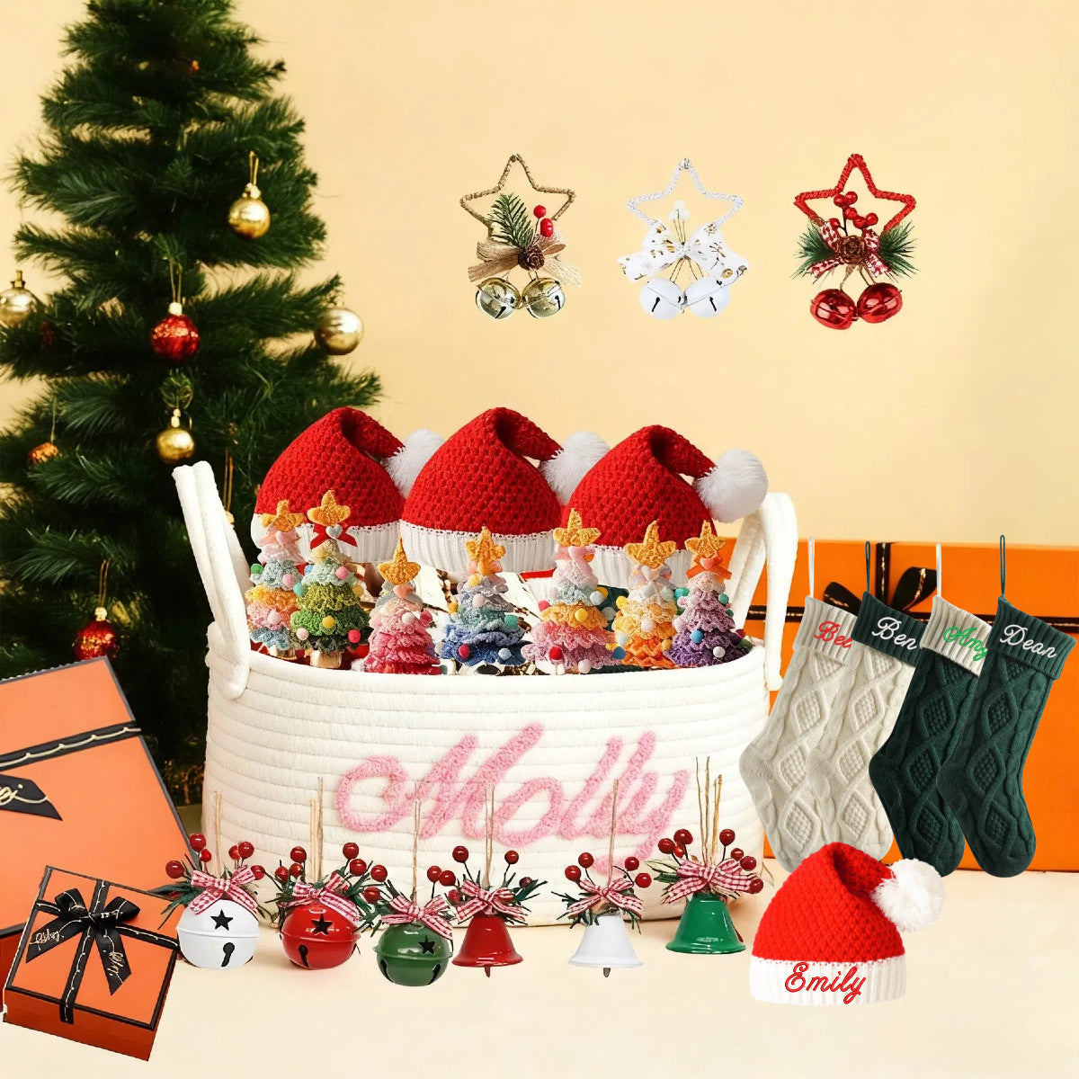 25 PCS Christmas Gifts Set Basket + Hats + Stockings + Bells + Trees for Xmas Decoration