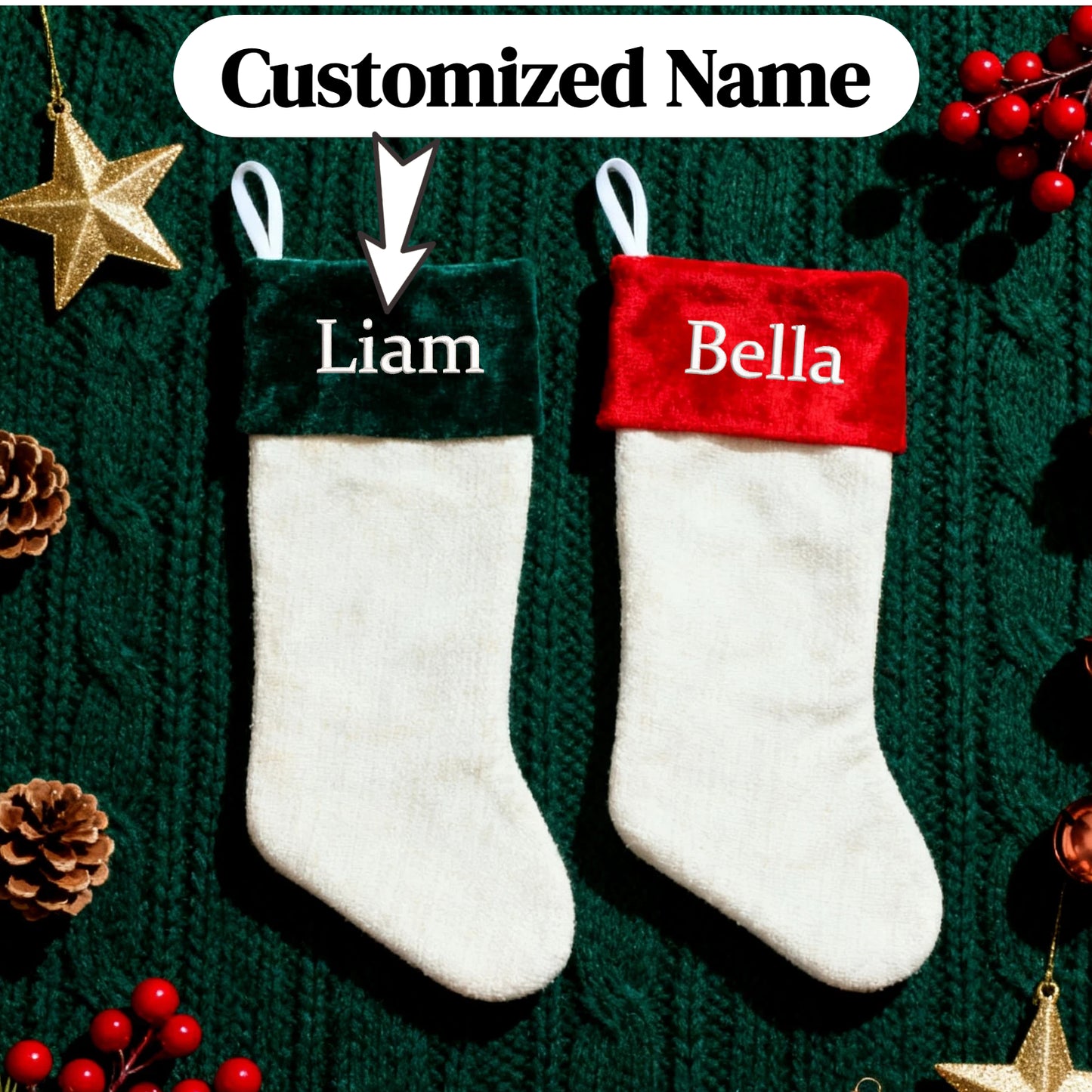 Customized Embroidered Christmas Stockings with Name Personalized Xmas Stocking Large Family Stockings Fireplace Christmas Decorations for Home Indoor Red Green 17.7 Inches