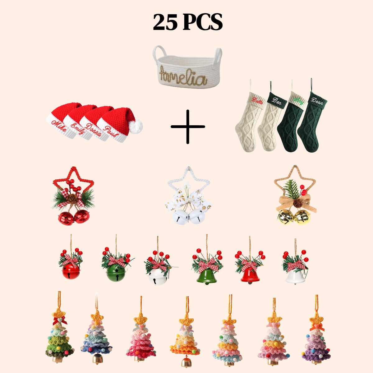 22 PCS Personalized Christmas Gifts Set with Name Basket Hats Stockings Bells Trees