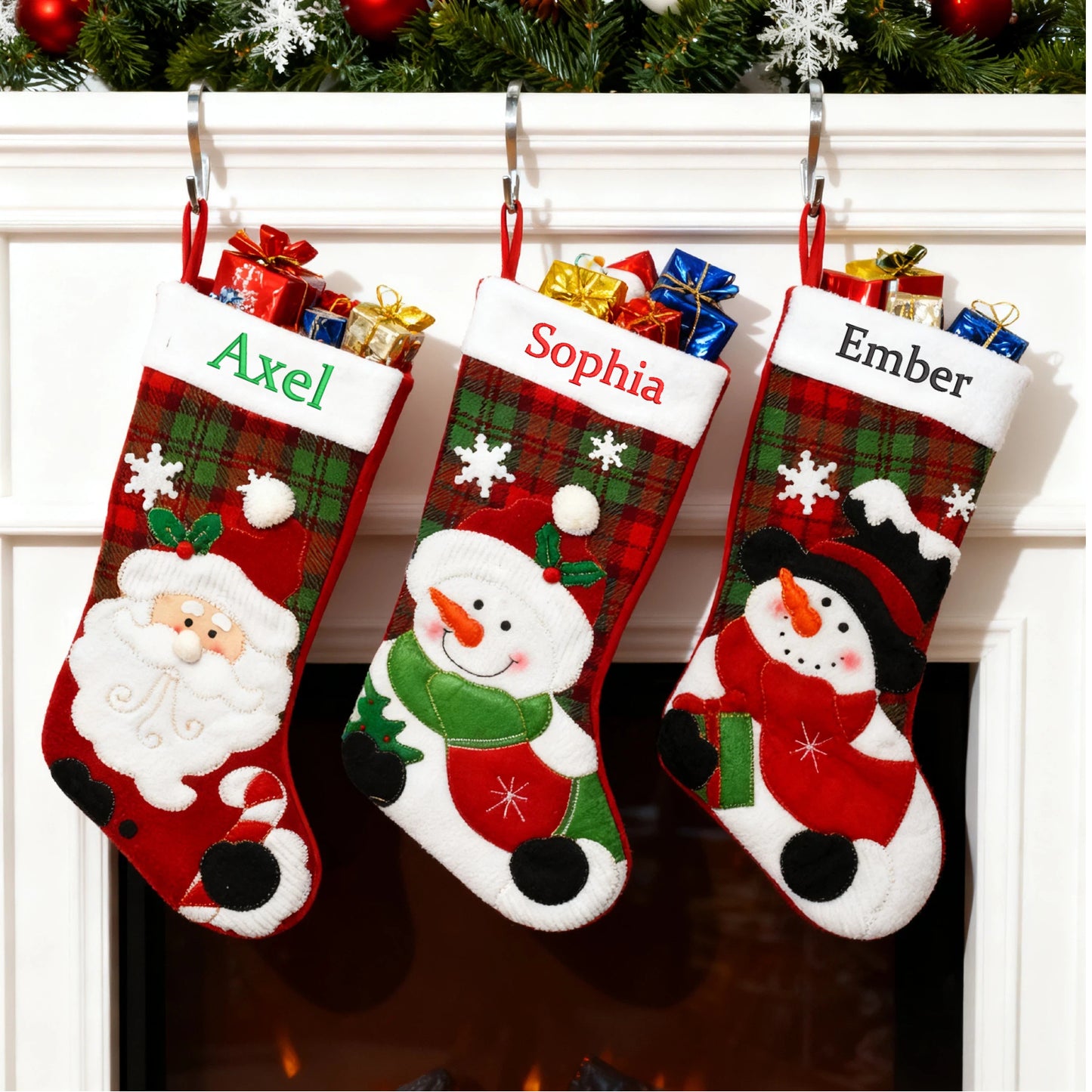 Personalized Christmas Stocking Custom Embroidered Name Xmas Stocking Large Hanging Family Stocking for Fireplace Christmas Decorations Santa Claus Snowman 3 Styles 18 Inches