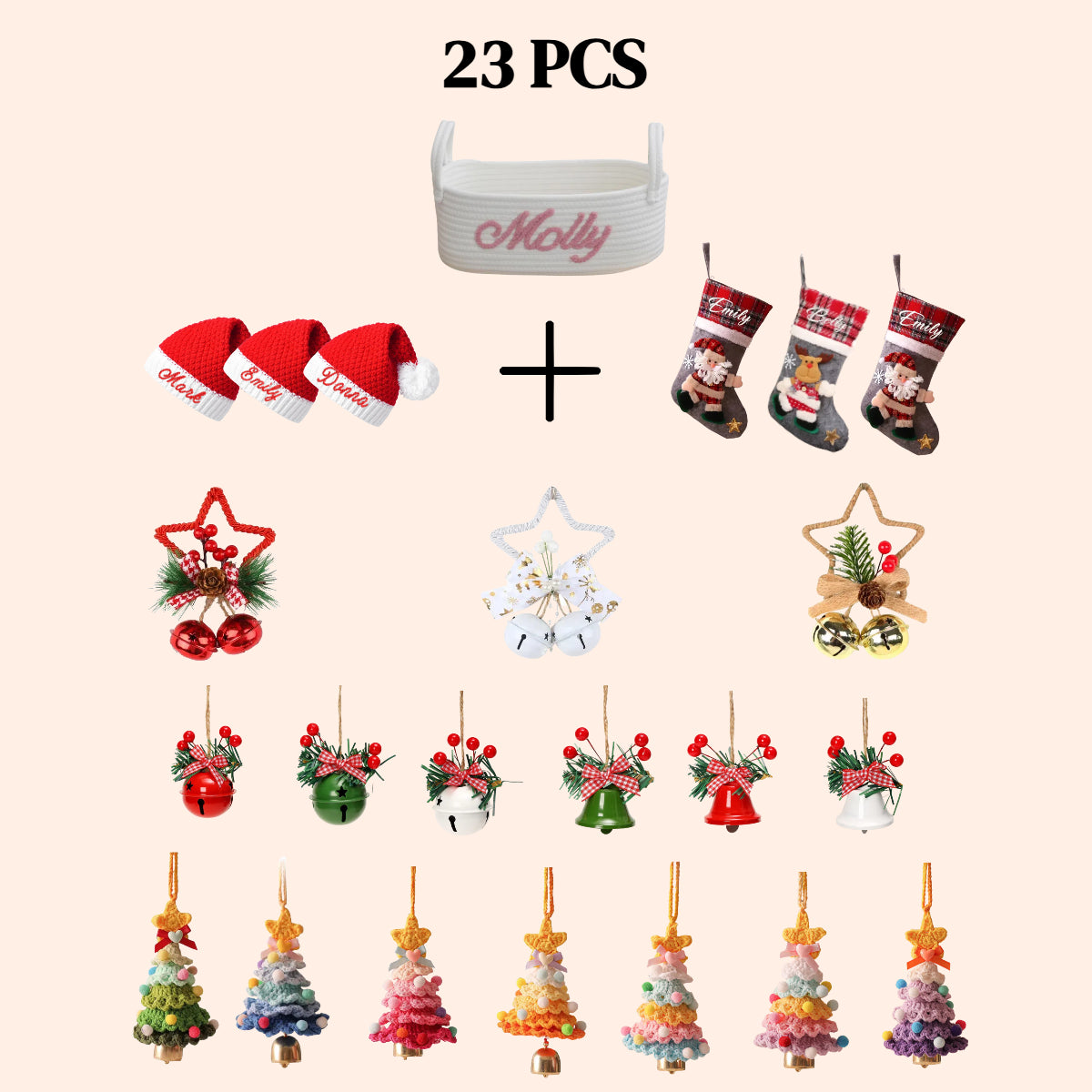 23 PCS Christmas Gifts Set Basket + Hats + Stockings + Bells + Trees for Party Decoration