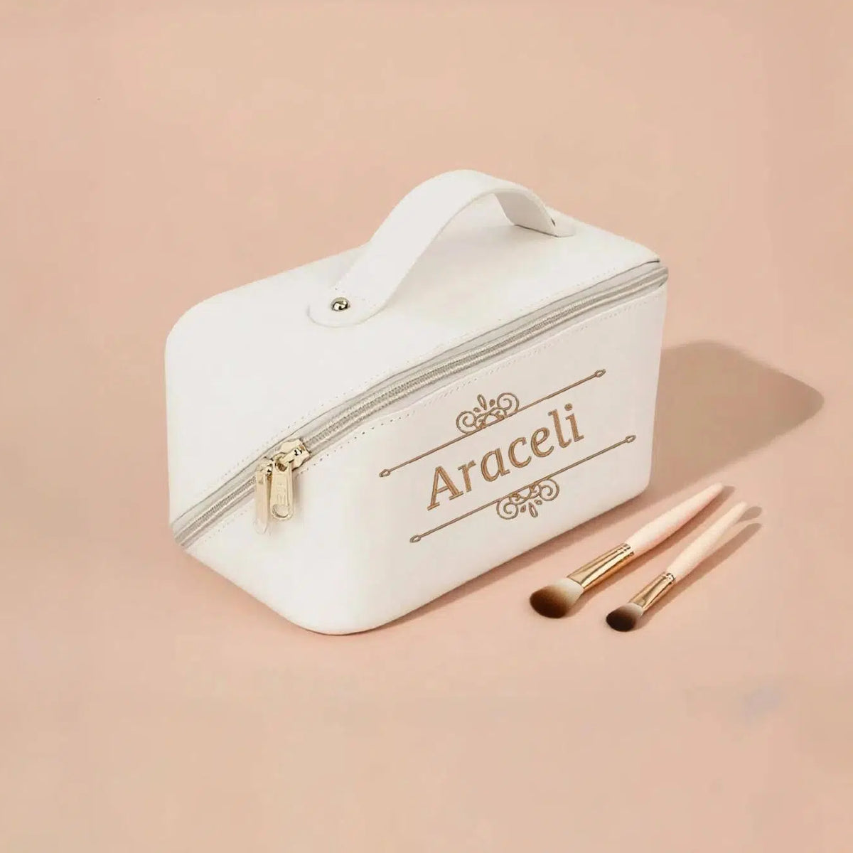 Personalized Leather Makeup Bag with Embroidered Custom Cosmetic Bag Pink
