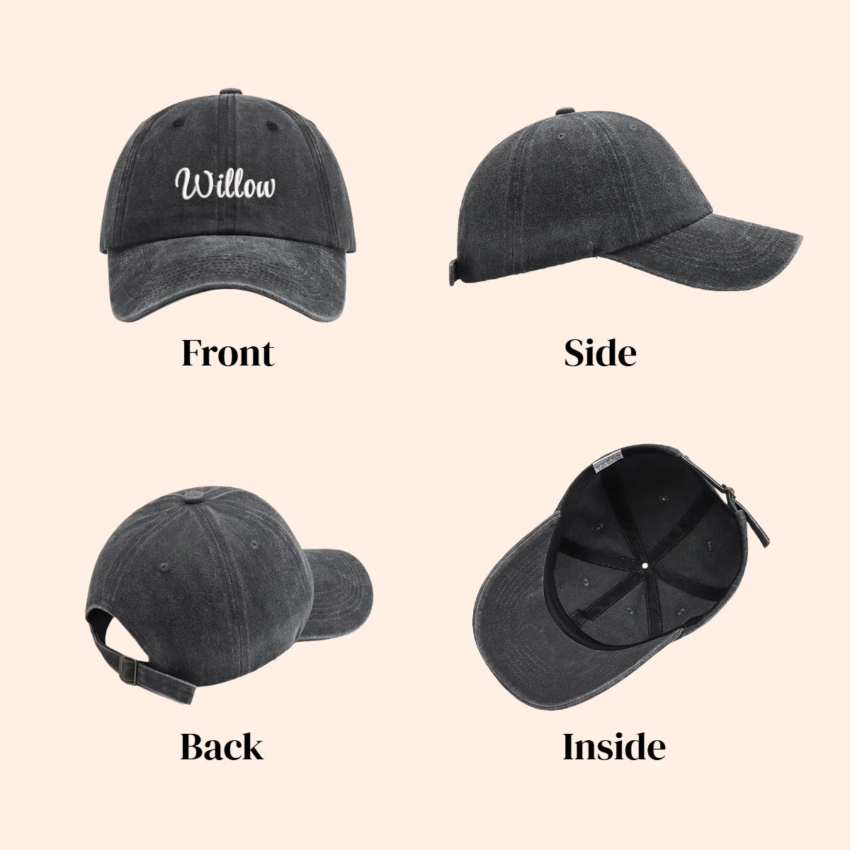 Personalized Hat with Custom Embroidered Name Vintage Washed Baseball Hat Black