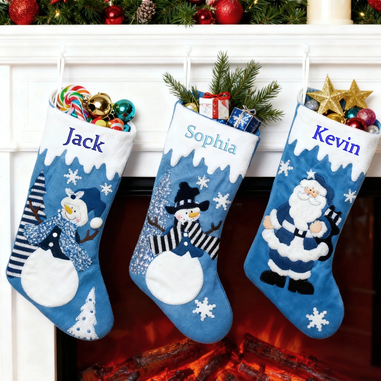 Customized Christmas Stockings with Embroidered Name Personalized Family Xmas Stocking Hanging Fireplace Stockings Santa Claus Snowman Styles for Home Decorations 18 Inches