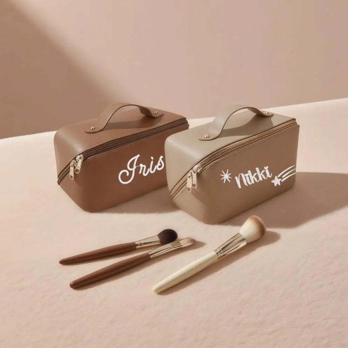 Personalized Leather Makeup Bag with Embroidered Custom Cosmetic Bag Pink