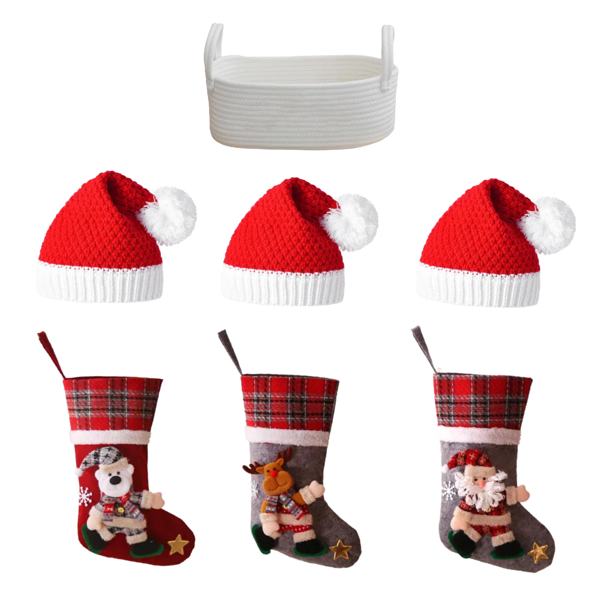 23 PCS Christmas Gifts Set Basket + Hats + Stockings + Bells + Trees for Party Decoration