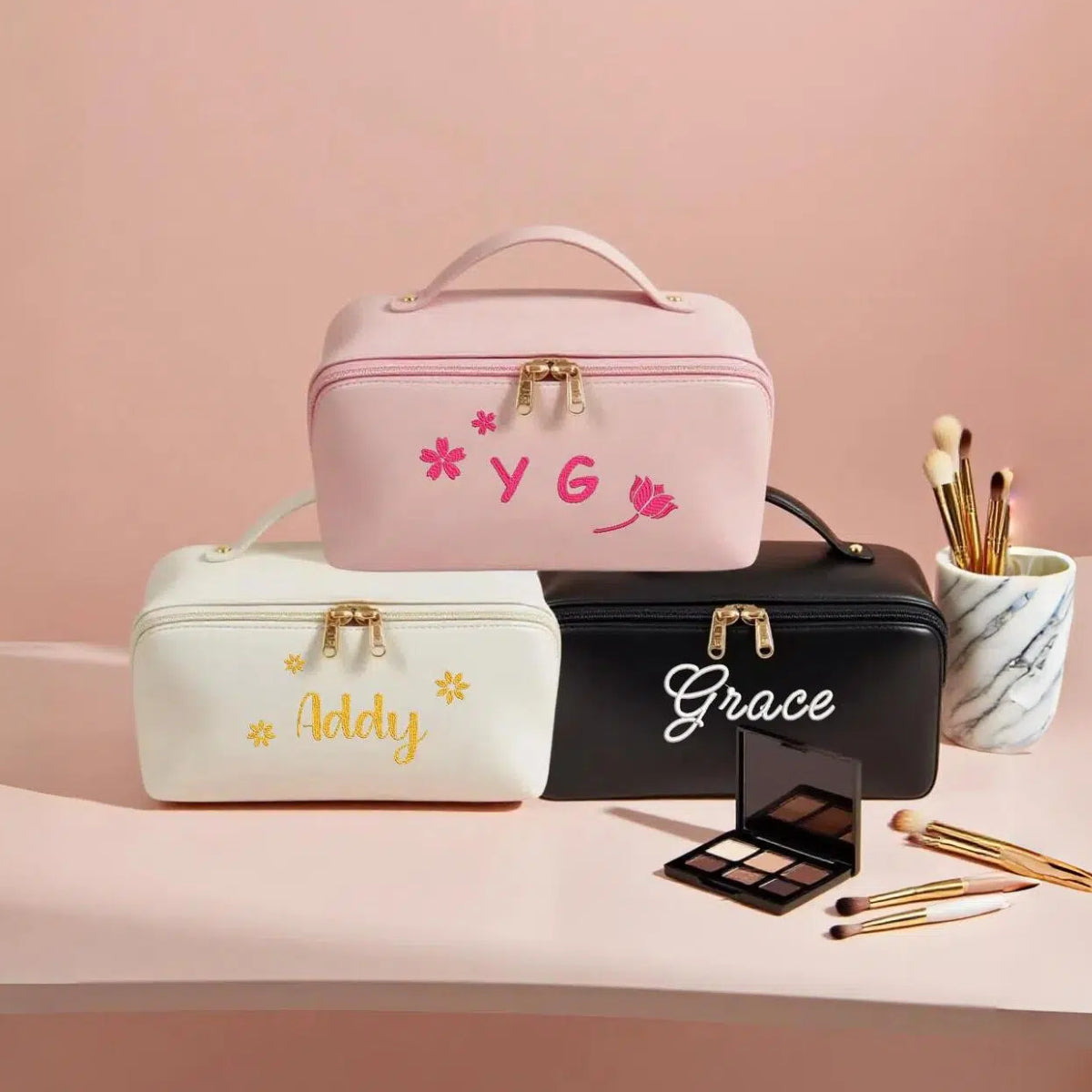 Personalized Leather Makeup Bag with Embroidered Custom Cosmetic Bag Pink