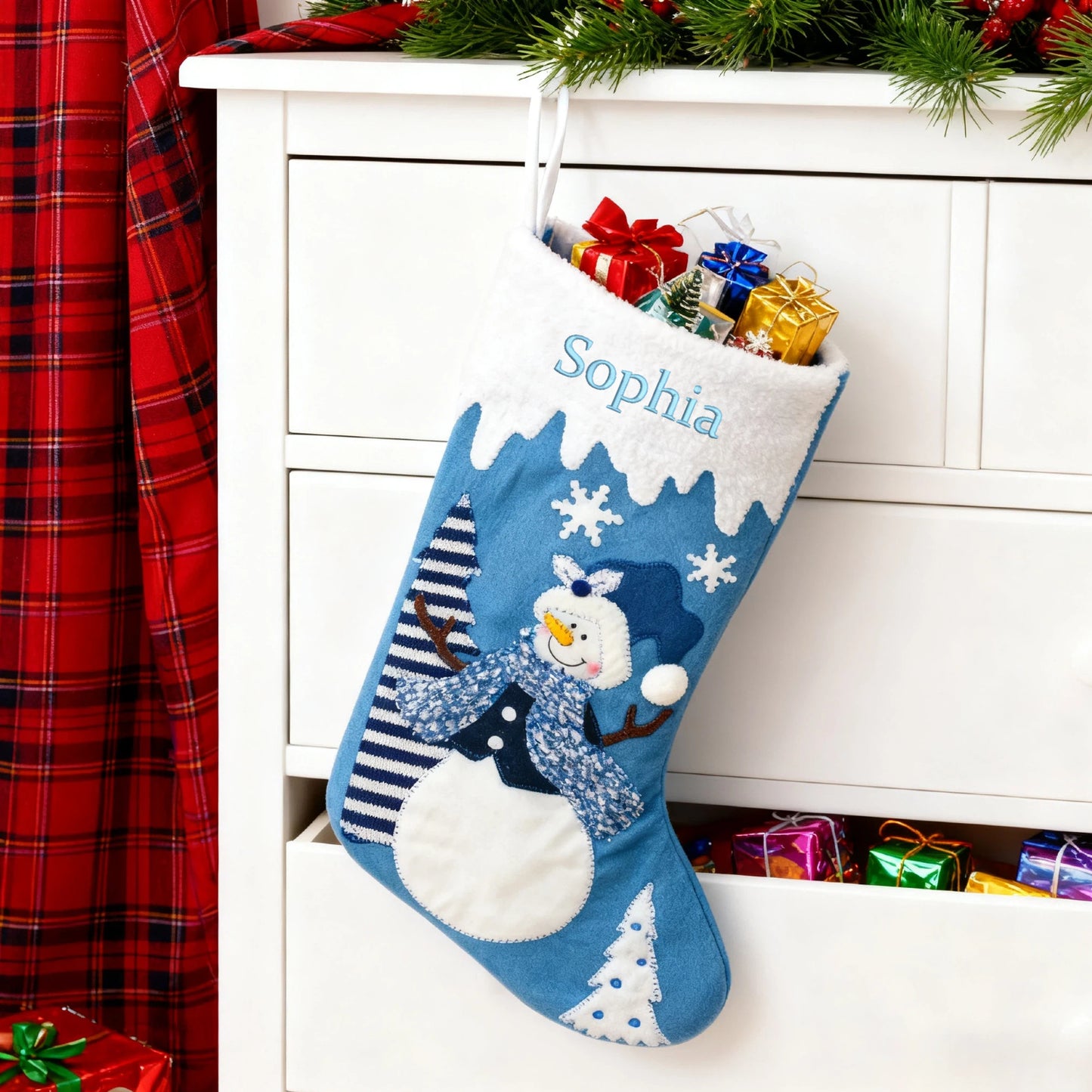 Customized Christmas Stockings with Embroidered Name Personalized Family Xmas Stocking Hanging Fireplace Stockings Santa Claus Snowman Styles for Home Decorations 18 Inches