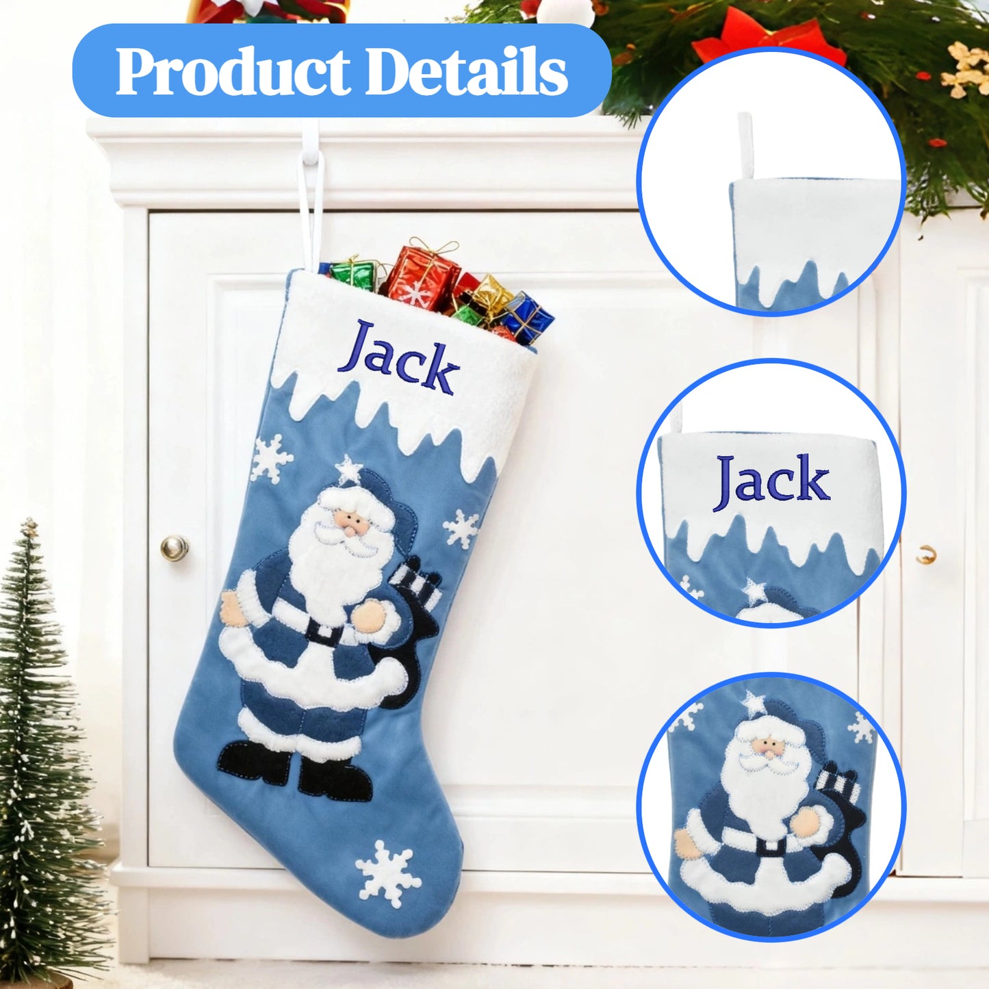 Customized Christmas Stockings with Embroidered Name Personalized Family Xmas Stocking Hanging Fireplace Stockings Santa Claus Snowman Styles for Home Decorations 18 Inches