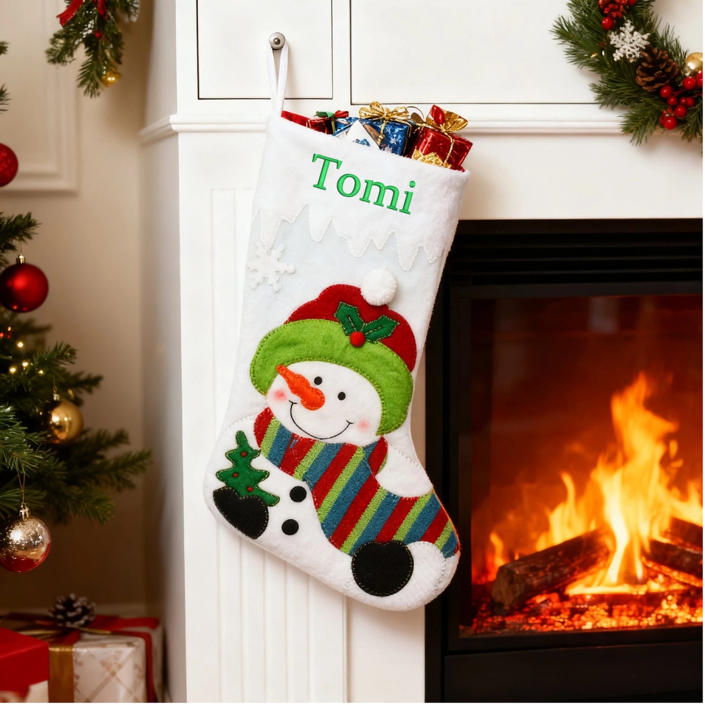 Customized Christmas Stockings with Embroidered Name Personalized Family Xmas Stocking Hanging Fireplace Stockings Santa Claus Snowman Styles for Home Decorations 18 Inches