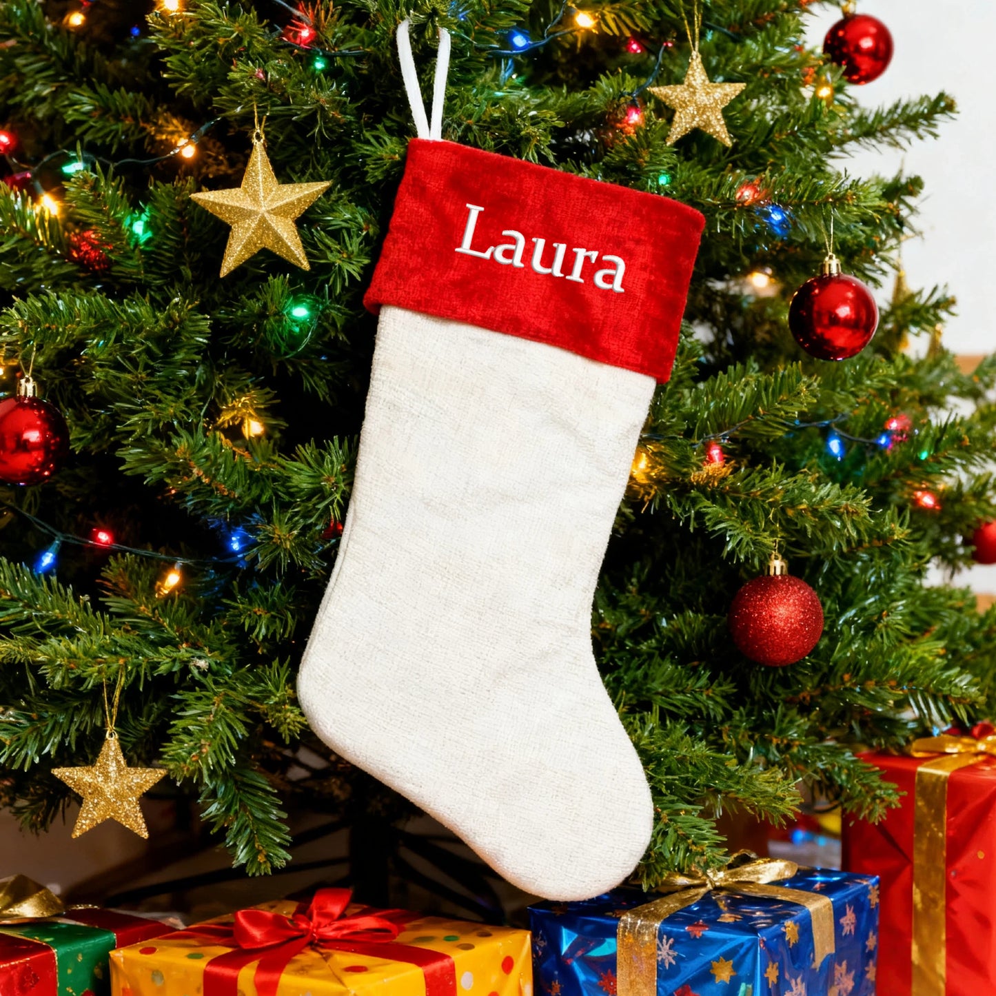 Customized Embroidered Christmas Stockings with Name Personalized Xmas Stocking Large Family Stockings Fireplace Christmas Decorations for Home Indoor Red Green 17.7 Inches