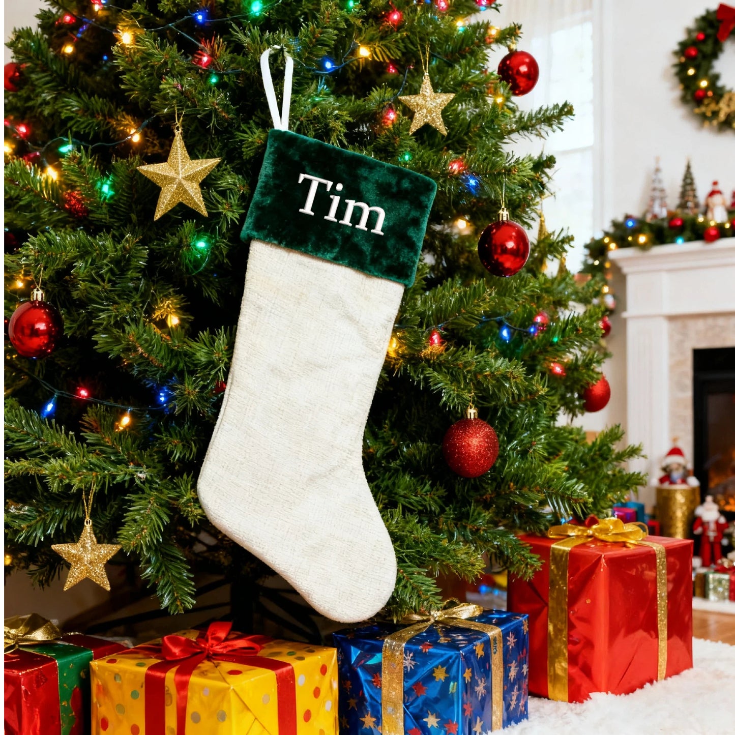 Customized Embroidered Christmas Stockings with Name Personalized Xmas Stocking Large Family Stockings Fireplace Christmas Decorations for Home Indoor Red Green 17.7 Inches