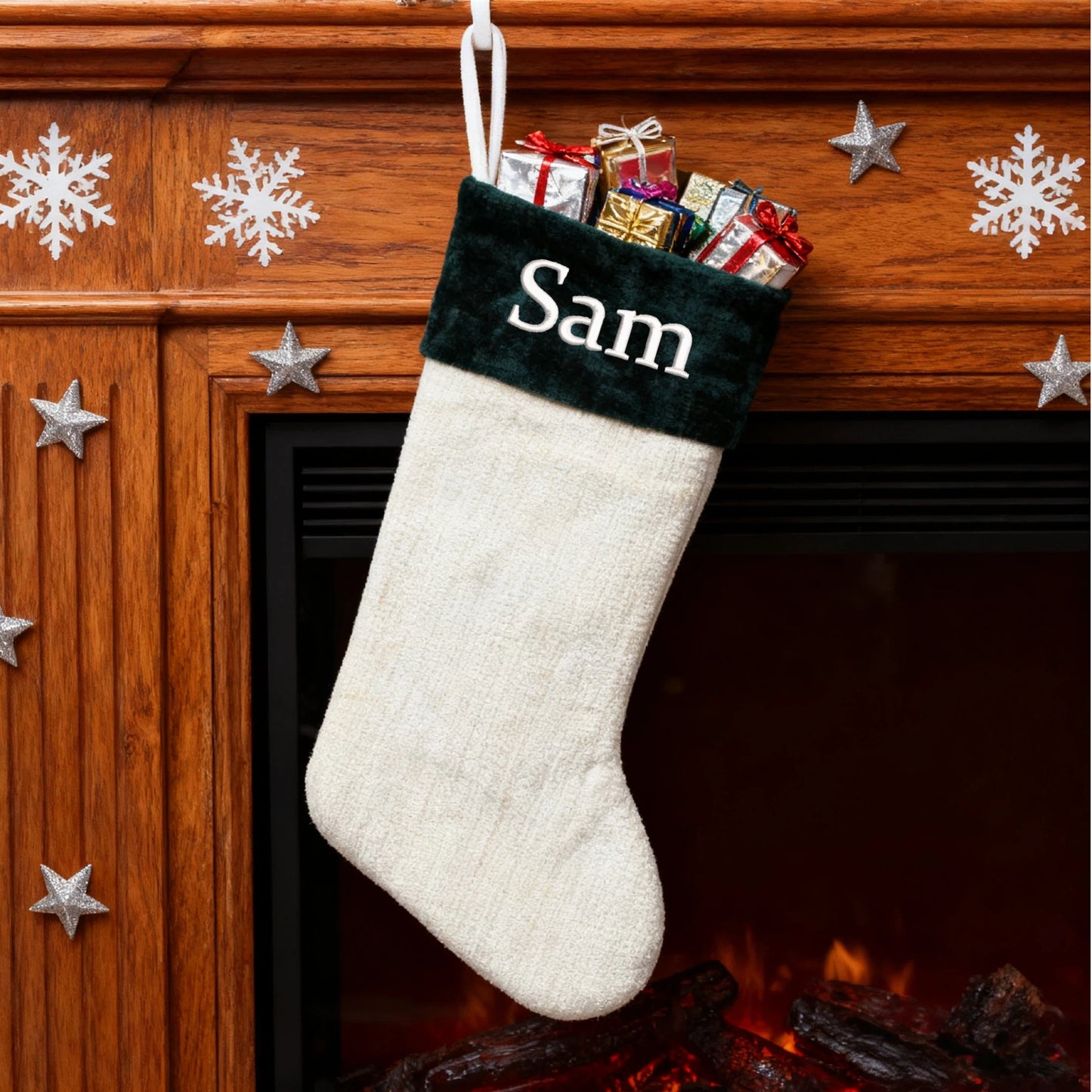 Customized Embroidered Christmas Stockings with Name Personalized Xmas Stocking Large Family Stockings Fireplace Christmas Decorations for Home Indoor Red Green 17.7 Inches