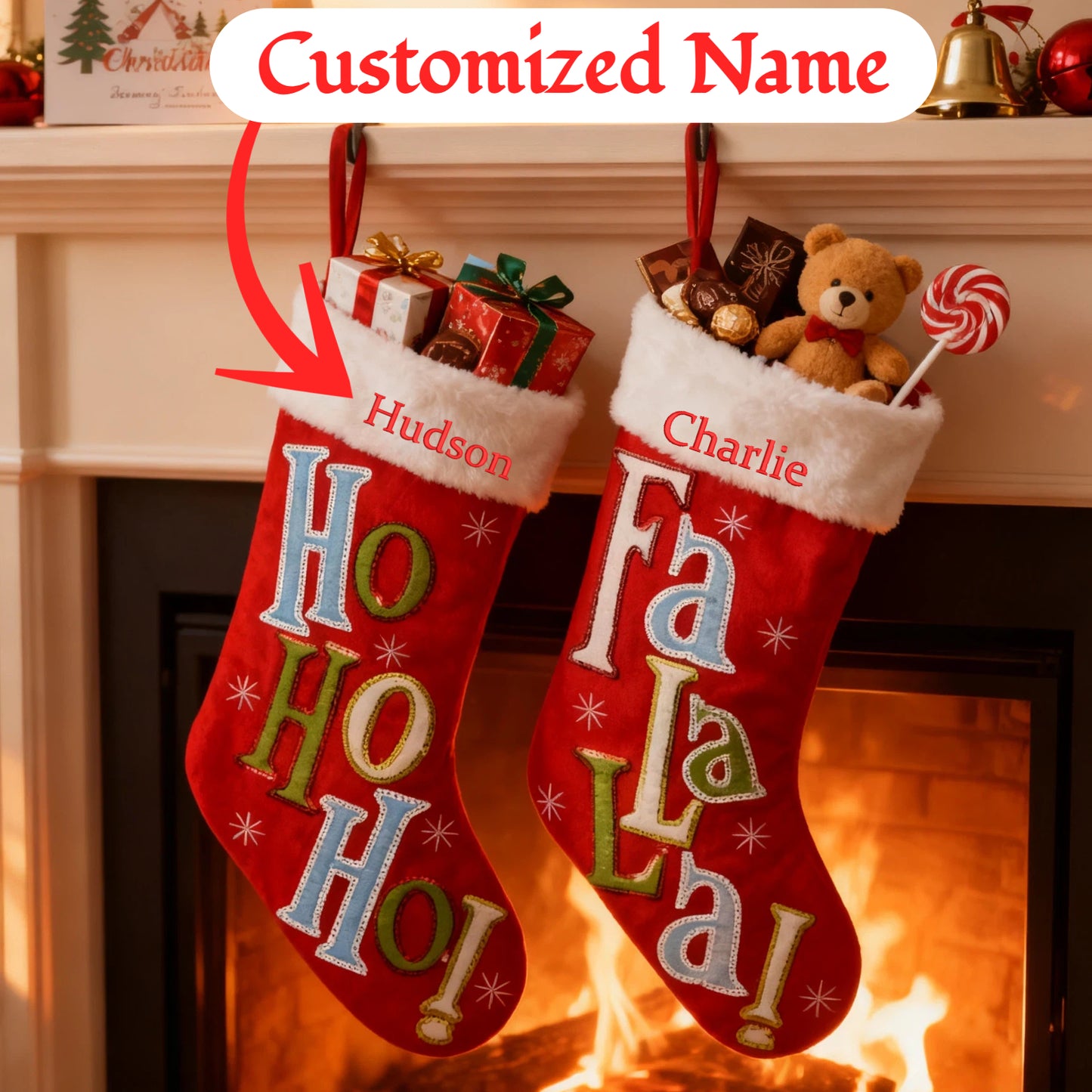 Personalized Christmas Stocking with Letters Customized Embroidered Name Xmas Stocking Large Hanging Fireplace Stocking Home Holiday Decorations Gifts for Family Red 18 Inches