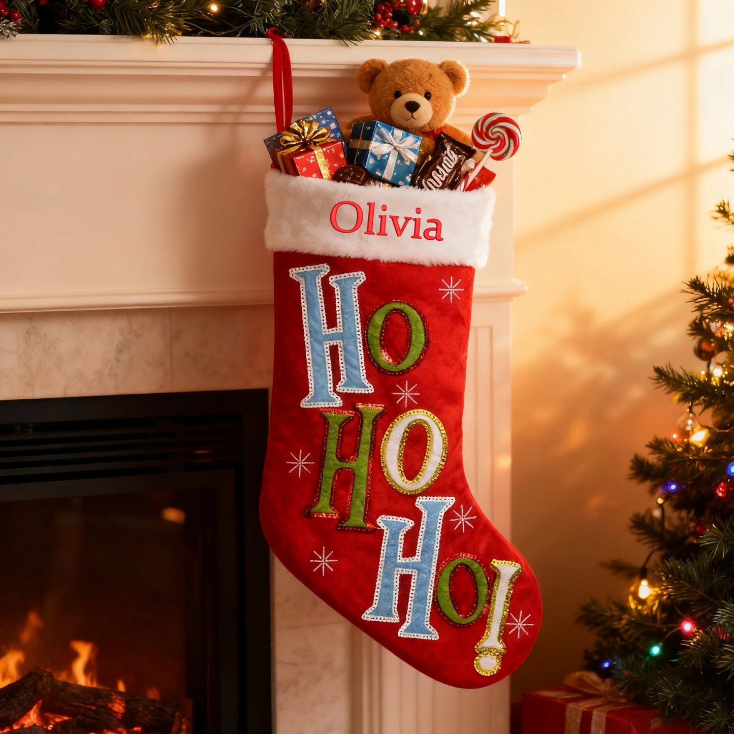 Personalized Christmas Stocking with Letters Customized Embroidered Name Xmas Stocking Large Hanging Fireplace Stocking Home Holiday Decorations Gifts for Family Red 18 Inches