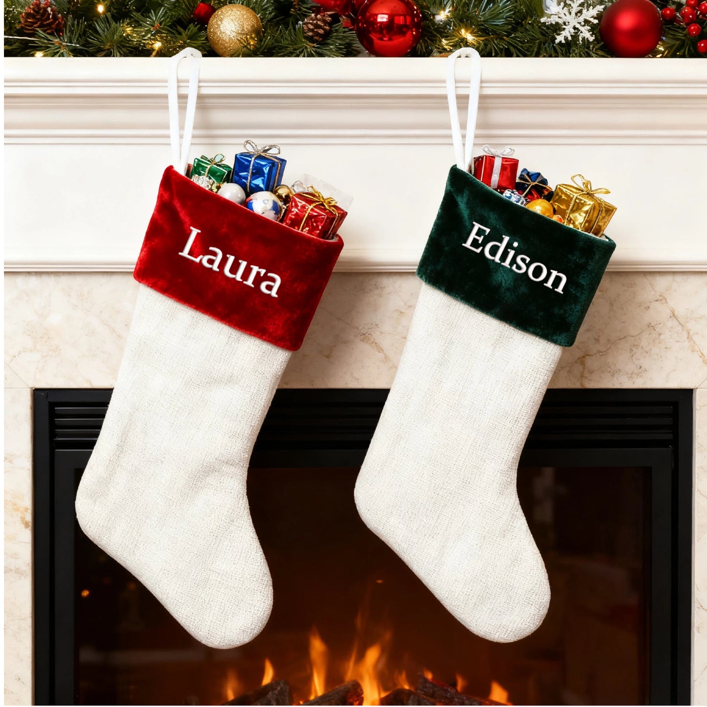 Customized Embroidered Christmas Stockings with Name Personalized Xmas Stocking Large Family Stockings Fireplace Christmas Decorations for Home Indoor Red Green 17.7 Inches