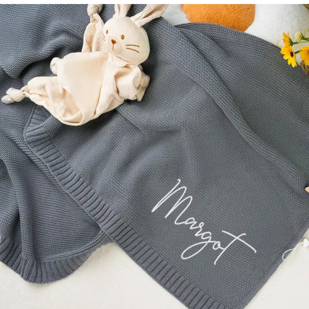 Personalized Knitted Baby Blanket with Customized Embroidery Name 39.37'' x 31.5''