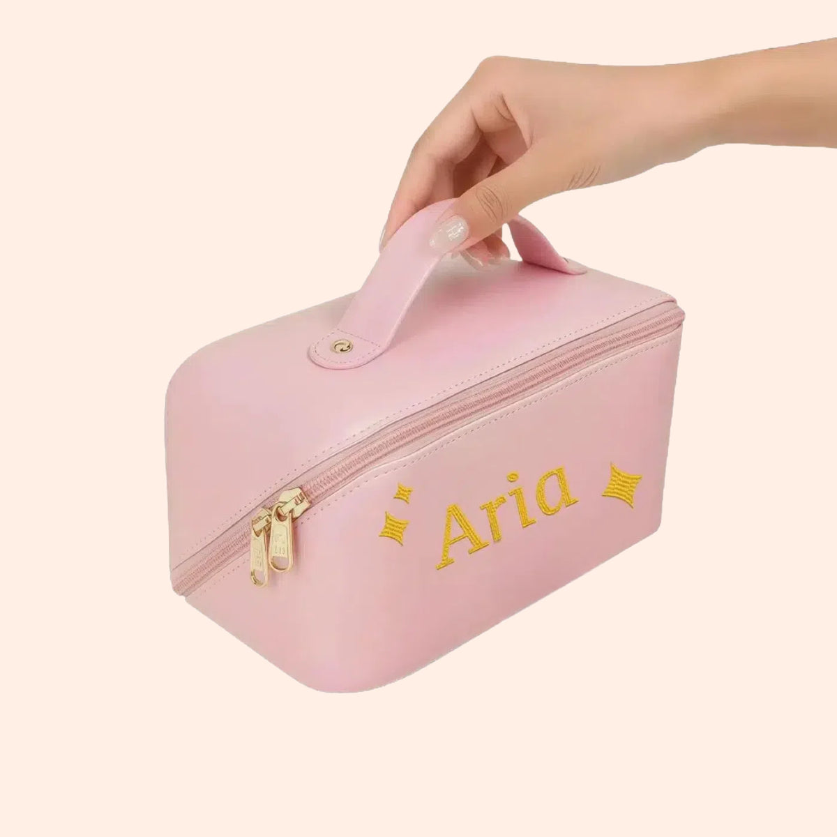 Personalized Leather Makeup Bag with Embroidered Custom Cosmetic Bag Pink