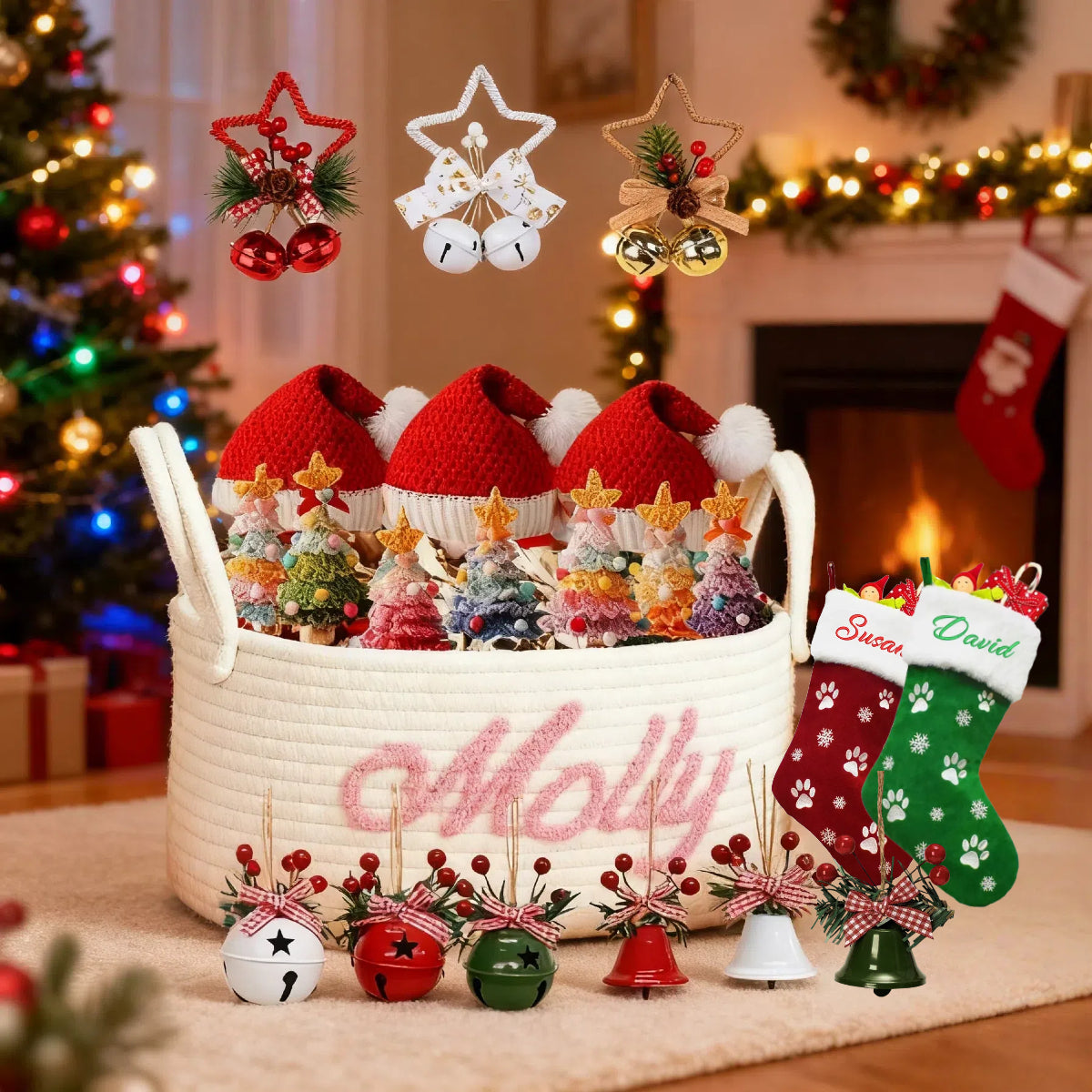 22 PCS Personalized Christmas Gifts Set Basket Hats Stockings Bells Trees for Decor