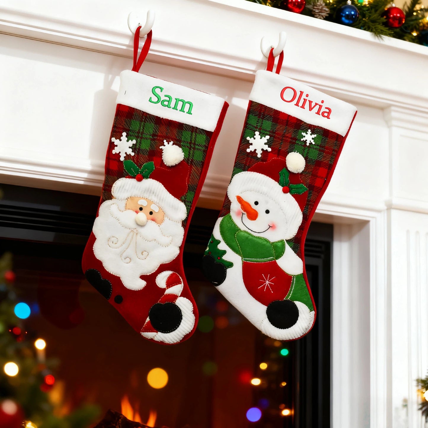 Personalized Christmas Stocking Custom Embroidered Name Xmas Stocking Large Hanging Family Stocking for Fireplace Christmas Decorations Santa Claus Snowman 3 Styles 18 Inches