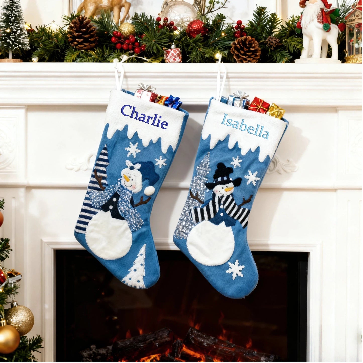 Customized Christmas Stockings with Embroidered Name Personalized Family Xmas Stocking Hanging Fireplace Stockings Santa Claus Snowman Styles for Home Decorations 18 Inches