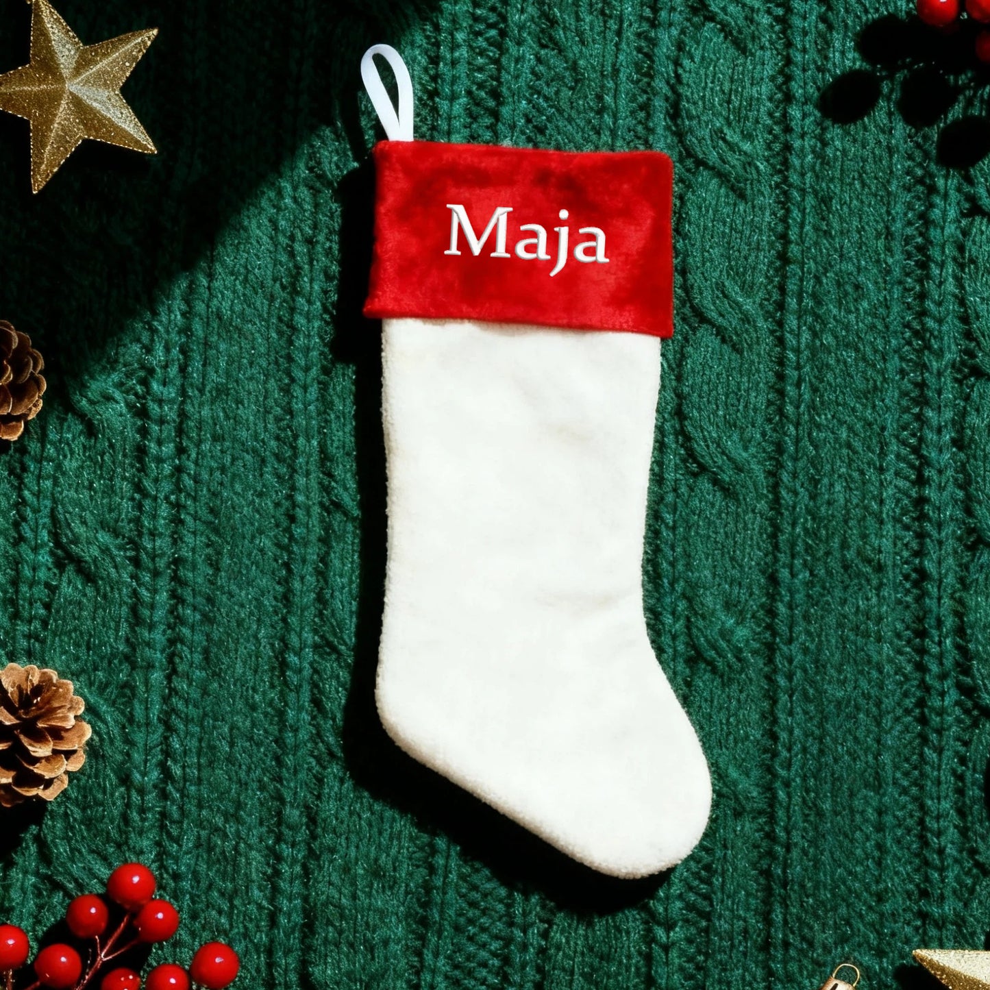 Customized Embroidered Christmas Stockings with Name Personalized Xmas Stocking Large Family Stockings Fireplace Christmas Decorations for Home Indoor Red Green 17.7 Inches