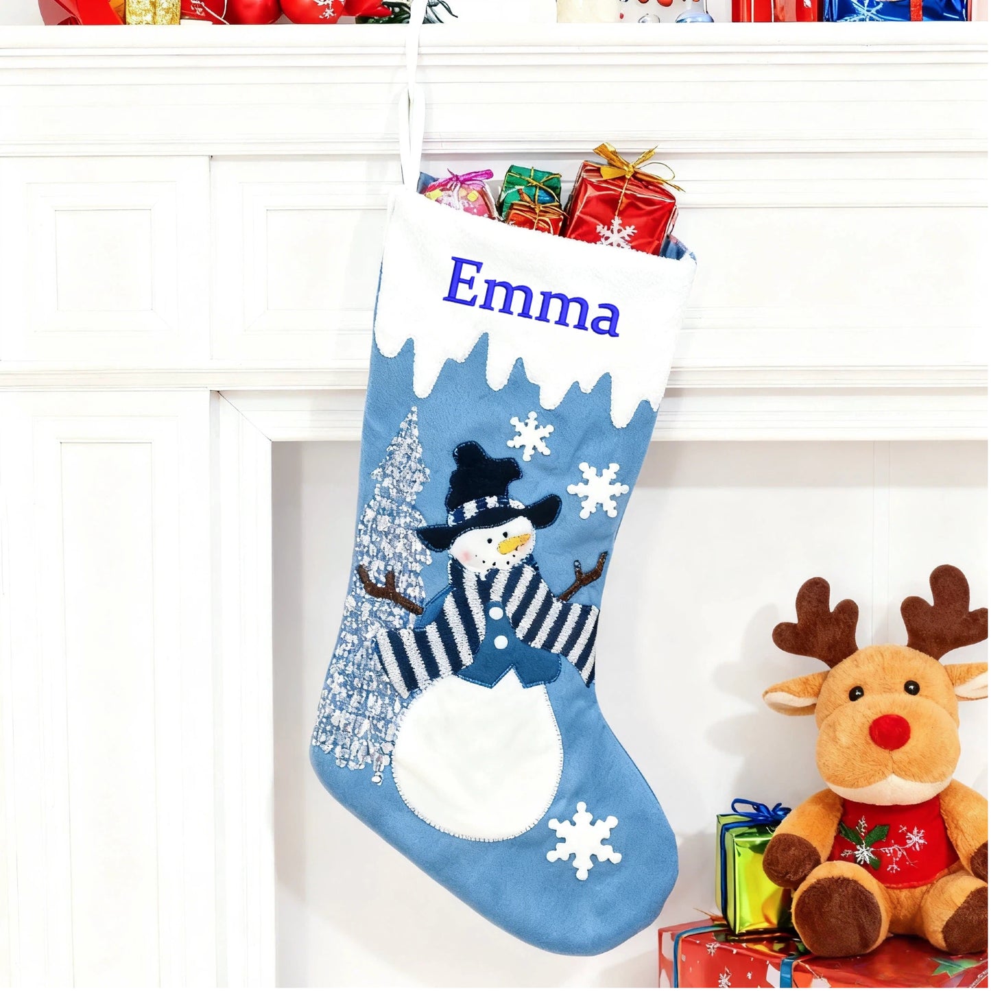 Customized Christmas Stockings with Embroidered Name Personalized Family Xmas Stocking Hanging Fireplace Stockings Santa Claus Snowman Styles for Home Decorations 18 Inches