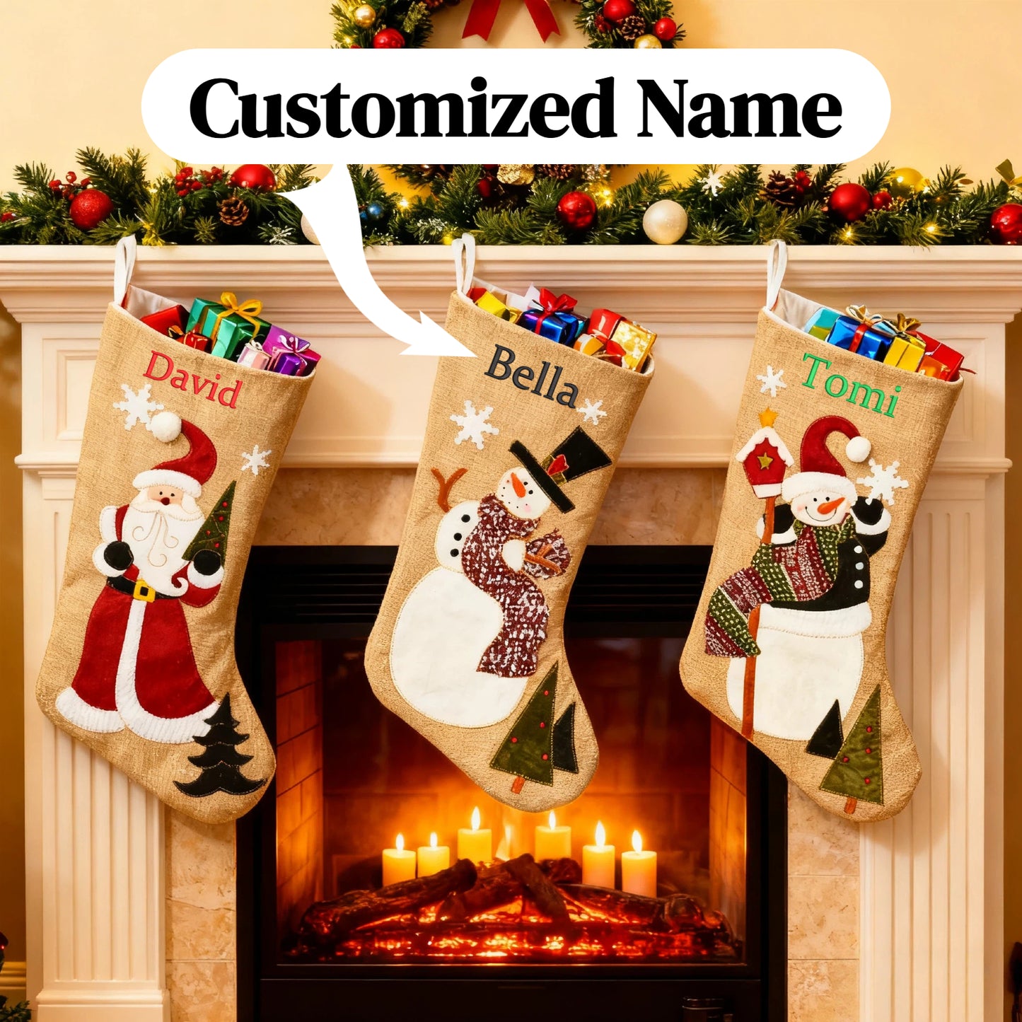 Customized Christmas Stockings Embroidered Name Personalized Fireplace Stocking Large Family Xmas Stockings Christmas Party Decorations 18.5 Inches