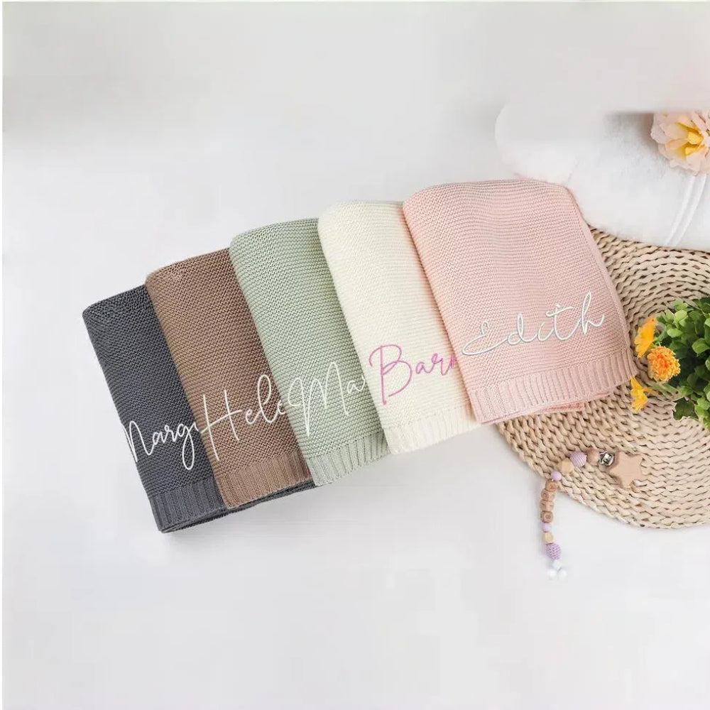 Personalized Knitted Baby Blanket with Customized Embroidery Name 39.37'' x 31.5''