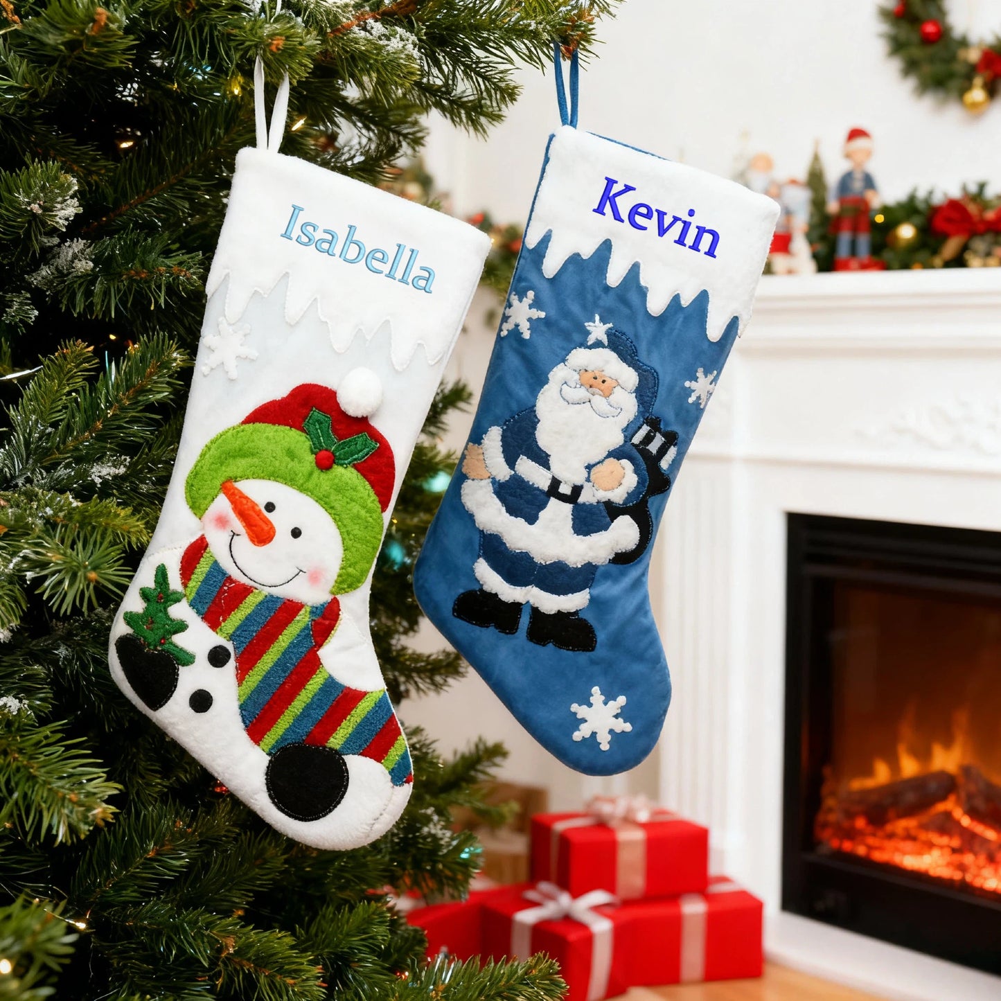 Customized Christmas Stockings with Embroidered Name Personalized Family Xmas Stocking Hanging Fireplace Stockings Santa Claus Snowman Styles for Home Decorations 18 Inches