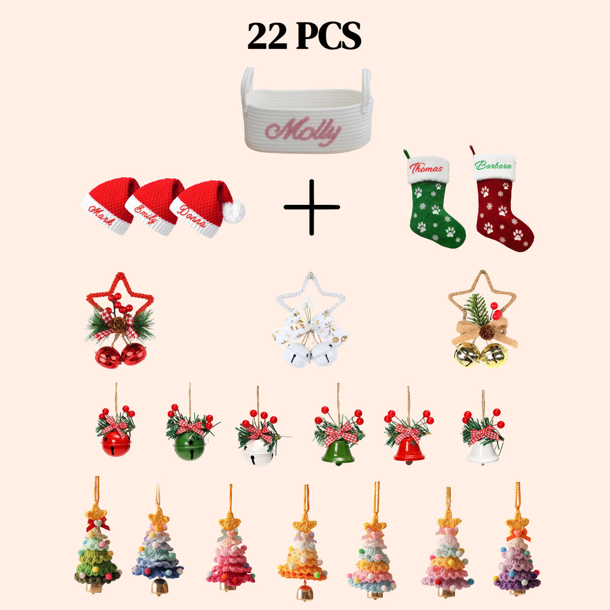 22 PCS Personalized Christmas Gifts Set Basket Hats Stockings Bells Trees for Decor