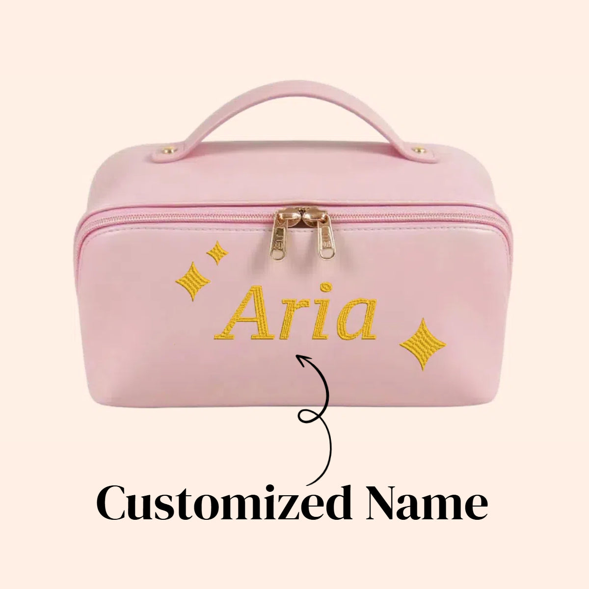 Personalized Leather Makeup Bag with Embroidered Custom Cosmetic Bag Pink