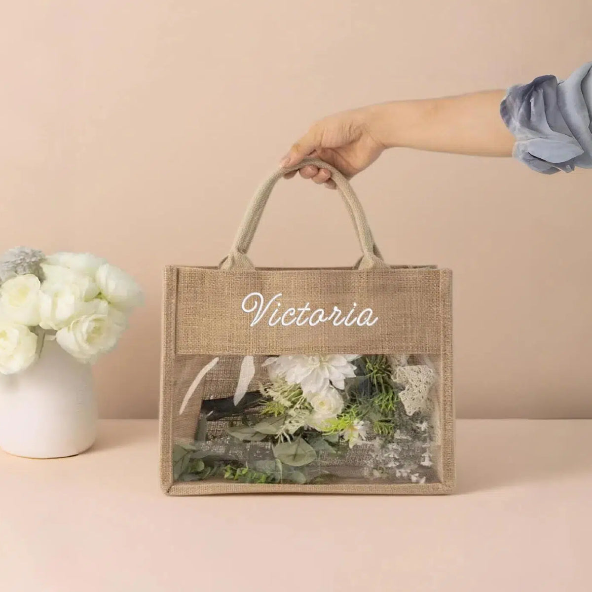 Personalized Burlap Tote Bag with Embroidered Name Custom Jute Bag