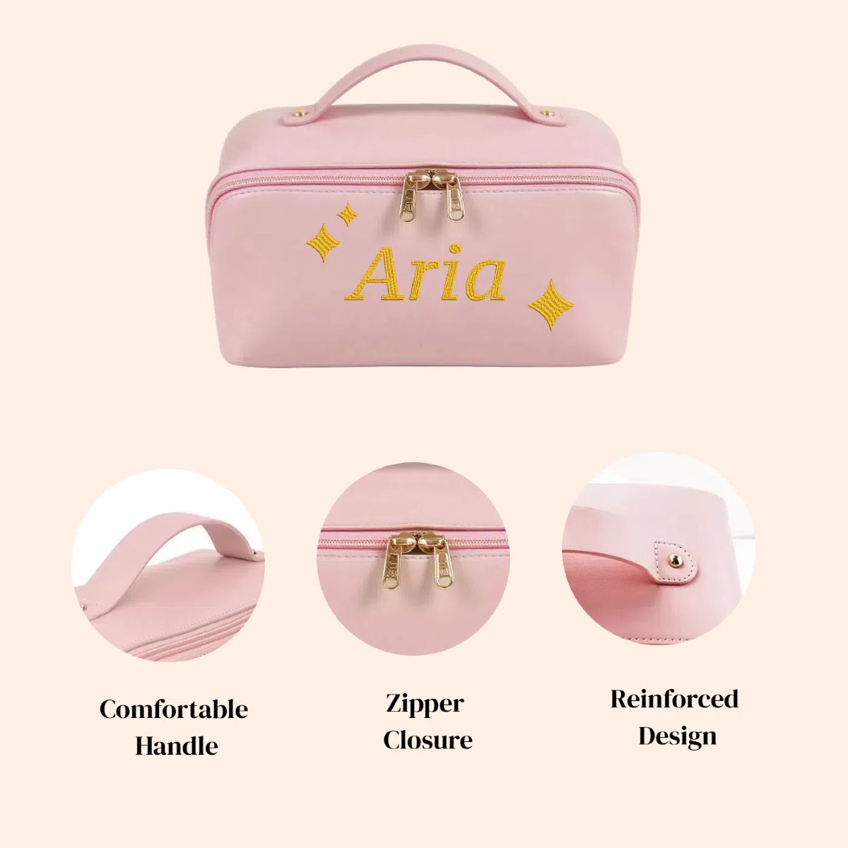 Personalized Leather Makeup Bag with Embroidered Custom Cosmetic Bag Pink