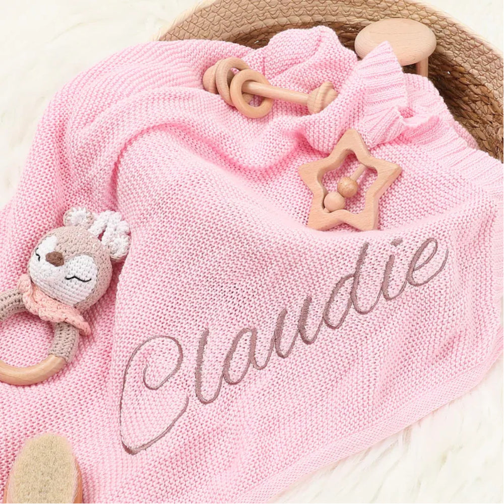 Personalized Knitted Baby Blanket with Customized Embroidery Name 39.37'' x 31.5''