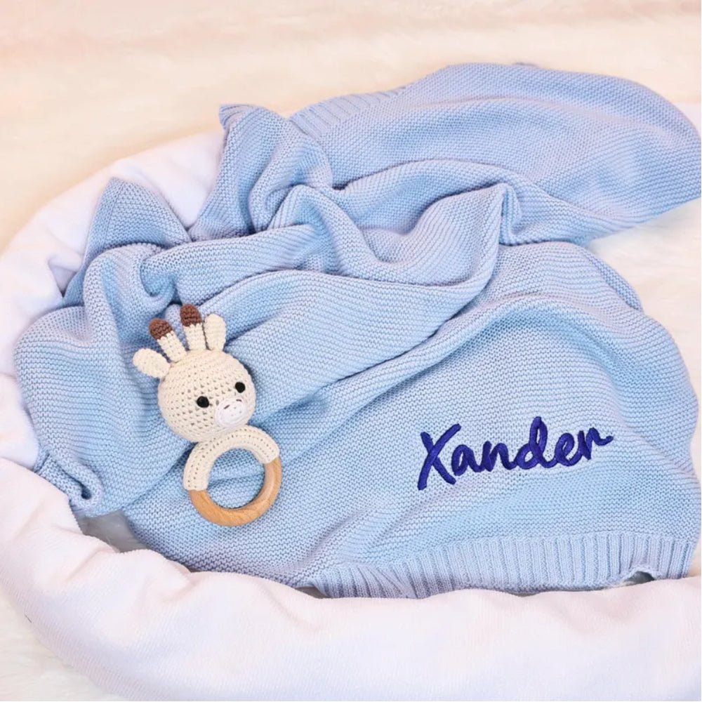 Personalized Knitted Baby Blanket with Customized Embroidery Name 39.37'' x 31.5''