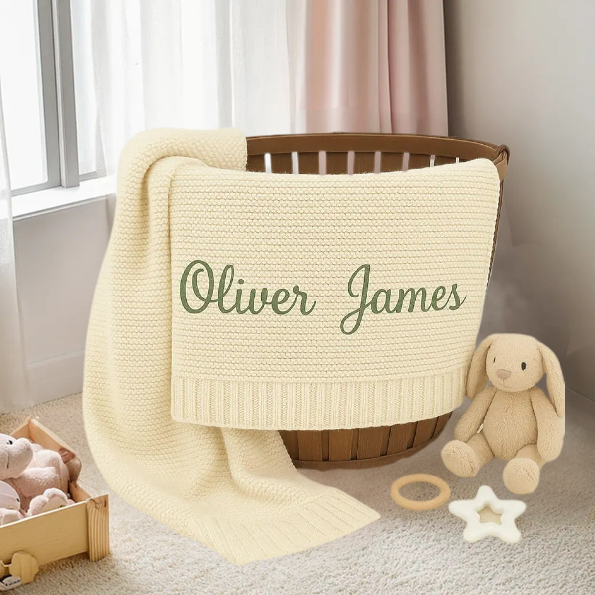 Personalized Knitted Baby Blanket with Customized Embroidery Name 39.37'' x 31.5''
